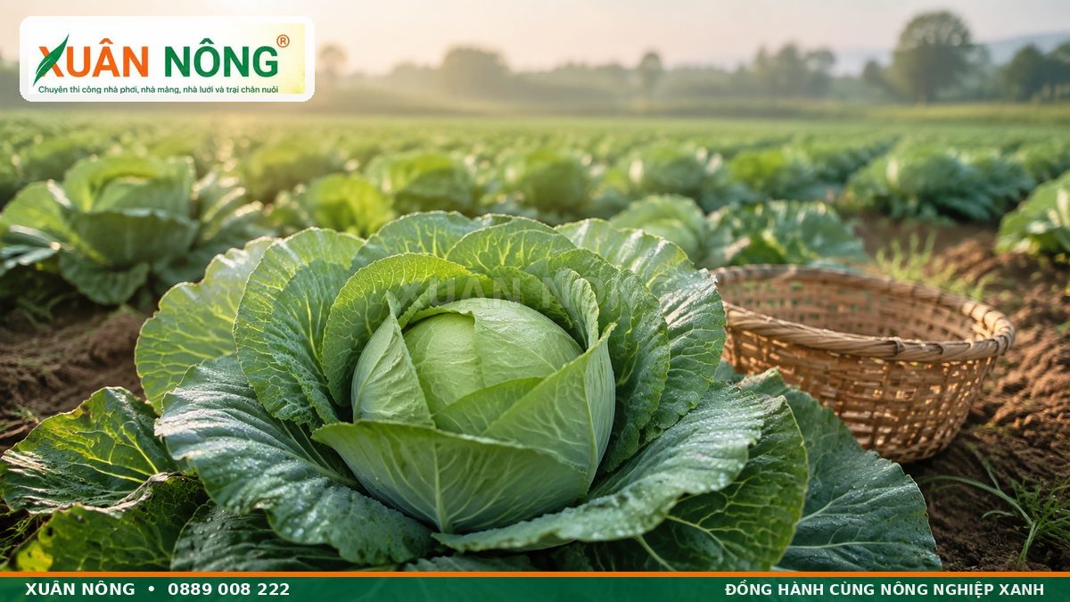 Bắp cải xanh cuộn chắc trên ruộng