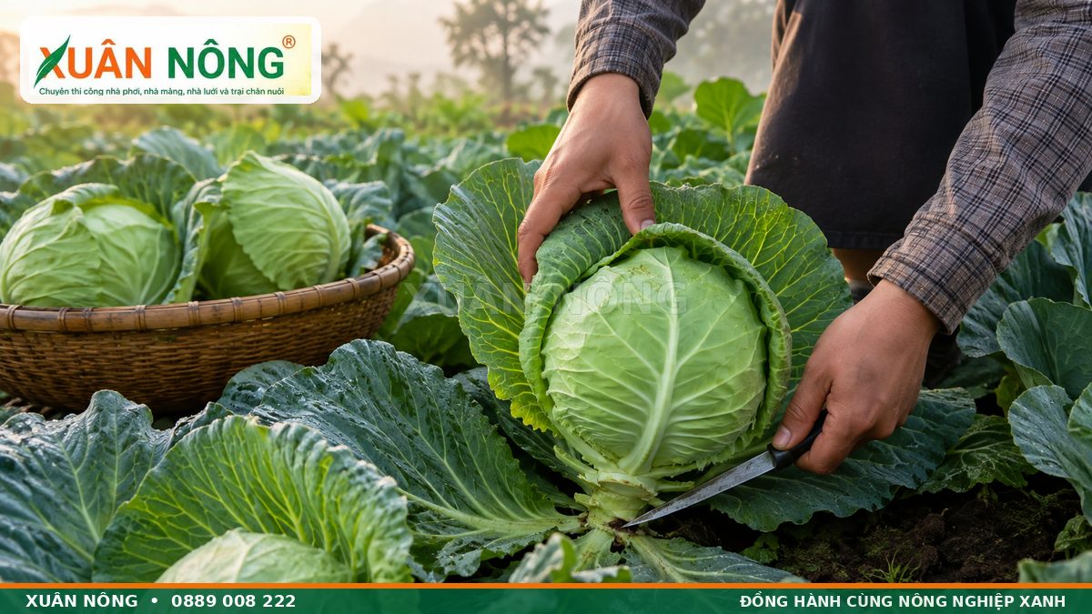 Thu hoạch bắp cải xanh cuộn chắc đúng thời điểm