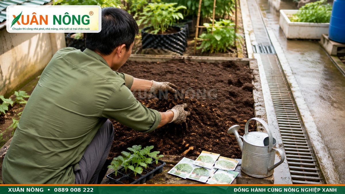 Chuẩn bị luống cao đất tơi xốp để gieo rau trong tháng 9